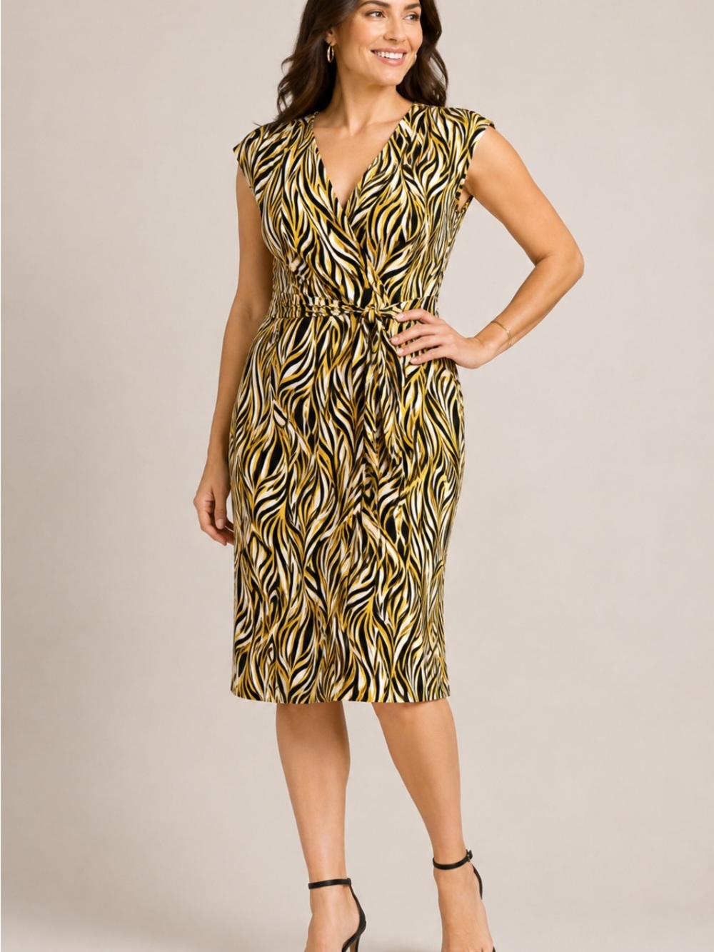 NEW BLACK LABEL by EVAN PICONE Faux Wrap Dress in Yellow Black